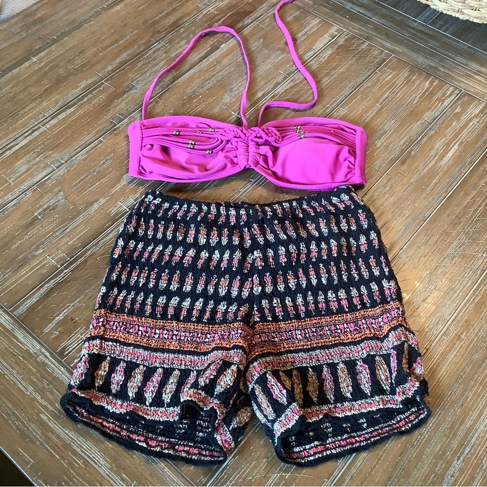 Fuschia Pink Bikini Top with Free People Patterned Shorts